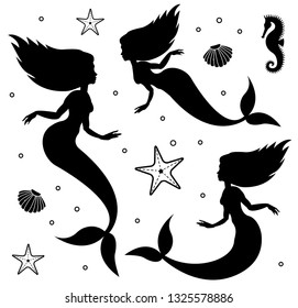 Vector flat black set of mermaid silhouette starfish and shell isolated on white background 