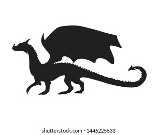 Vector flat black silhouette of dragon isolated on white background 