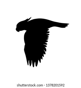 Vector flat black silhouette of flying cockatoo parrot isolated on white background 