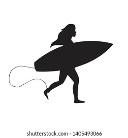 Vector flat black silhouette of girl woman running with surf board isolated on white background 