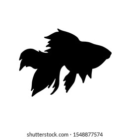 Vector flat black silhouette of golden fish isolated on white background