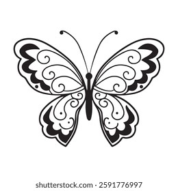 Vector flat black silhouette logo icon of butterfly butter fly isolated on white background. butter fly silhouette. Hand drawn decorative graphic vector logo, icon, sign, symbol, illustration, tattoo.