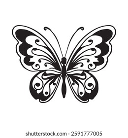 Vector flat black silhouette logo icon of butterfly butter fly isolated on white background. butter fly silhouette. Hand drawn decorative graphic vector logo, icon, sign, symbol, illustration, tattoo.
