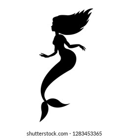 Vector flat black silhouette of mermaid isolated on white background 