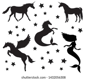 Vector flat black silhouette set collection of magic creatures isolated on white background 