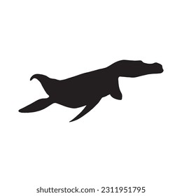 Vector flat black silhouette of swimming sea pliosaurus dinosaur isolated on white background