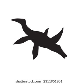Vector flat black silhouette of swimming sea pliosaurus dinosaur isolated on white background