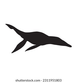 Vector flat black silhouette of swimming sea pliosaurus dinosaur isolated on white background