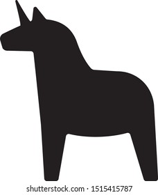 Vector flat black Swedish dala horse silhouette with unicorn horn isolated on white background