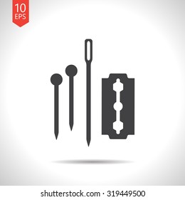 Vector flat black tailor pins needle blade icon on white background 