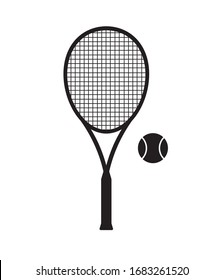 Vector Flat Black Tennis Racket And Ball Isolated On White Background