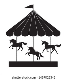 Vector flat black unicorn carousel silhouette isolated on white background