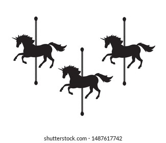 Vector flat black unicorn horse carousel silhouette isolated on white background