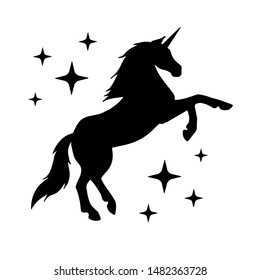 Vector flat black unicorn silhouette with stars isolated on white background