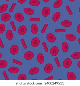 Vector flat blood cell seamless pattern illustration. Streaming erythrocytes on deep blue background.