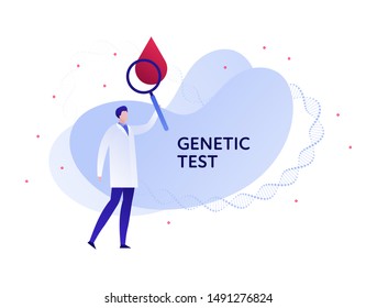 Vector flat blood laboratory character illustration. Male doctor with magnifier and blood drop on fluid background. Design element template for poster, flyer, card, banner, ui, presentation