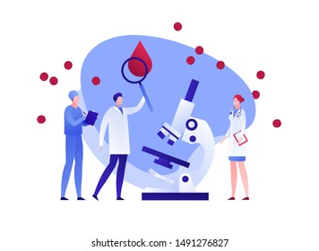 Vector flat blood laboratory character illustration. Medic team with magnifier and microscope study blood drop cell. Concept of dna, hiv diagnosis. Design element for poster, flyer, card, banner, ui
