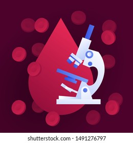 Vector flat blood laboratory icon illustration. Blood drop cell with erythrocytes and microscope symbol. Concept of dna, hiv diagnosis lab. Design element for poster, flyer, card, banner, ui