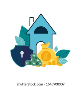 Vector, flat blue and green illustration design, bank protection, money and valuable coins on white background. Banking Financing, Money Exchange, Financial Services, ATM, Money Issue, Investments
