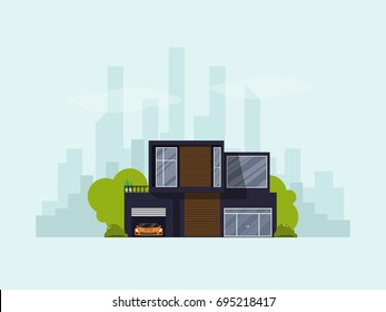 Vector flat blue modern home design and orange sport car with cityscape background,suburb house concept.