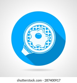 Vector flat blue round icon white contour pan with fried egg on gray background. Long shadow design.