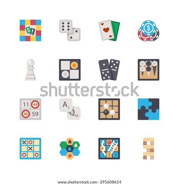 Vector\
flat board games set. Board game, dice, cards, poker, chess,\
checkers, dominoes, backgammon, bingo, letters, Go game, puzzle,\
tic-tac-toe, strategy, snakes and ladders,\
tower.