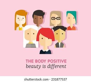 Vector flat body positive illustration with different girls