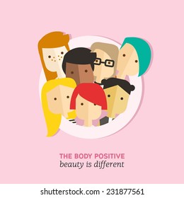 Vector flat body positive illustration with different girls