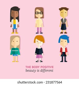 Vector flat body positive illustration with different girls