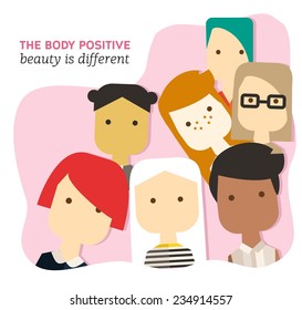 Vector flat body positive illustration with different girls 