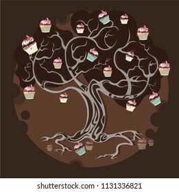 Vector flat book illustration tree silhouette with muffins cakes bakery products chocolate fairy tale food tasty artwork poster card design print cute 
