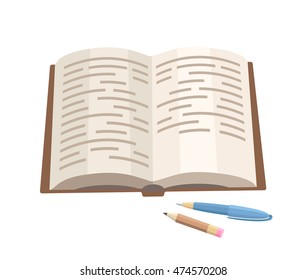 Vector flat book with pen and pencil on white background