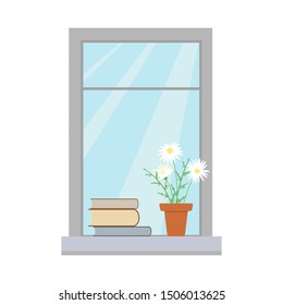 Vector flat books and flowers chamomiles on window sill