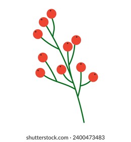 Vector flat botanical illustration of green branch with berries. Christmas
