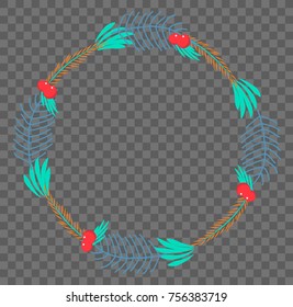 Vector flat botanical wreath with flowers, berries, leaves and twigs. Isolated on transparent background