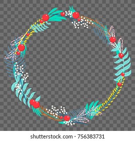 Vector flat botanical wreath with flowers, berries, leaves and twigs. Isolated on transparent background