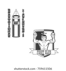 vector flat boxing sport club logo icon set. punching bag, boxer man standing in winnter position raising hands up black and white colored monochrome . isolated illustration on a white background.