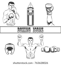 vector flat boxing sport club logo icon set. Boxing helmet, punching bag, boxer man standing in fight and winner position, hand in glove black and white colored monochrome . isolated illustration