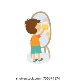 vector flat boy kid cleaning mirror in hallway wiping it by rag. Household chores. Isolated illustration on a white background. Daily children routine concept.