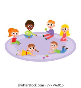 vector flat boys and girls sitting, lying at carpet playing with train, cubics toys and ball smiling and chating at preschool class . Isolated illustration on a white background. Kindergarten concept