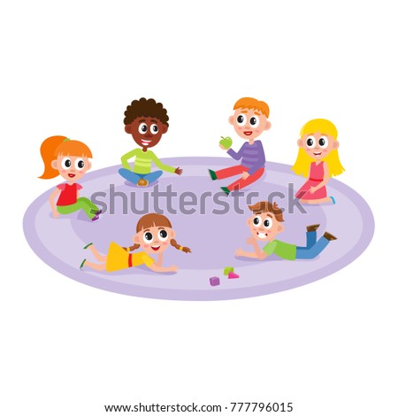 vector flat boys and girls sitting, lying at carpet playing with train, cubics toys and ball smiling and chating at preschool class . Isolated illustration on a white background. Kindergarten concept