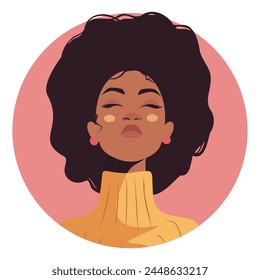 Vector plano brillante avatar ícono de joven mujer afro negro sobre fondo rosa. Concepto de Vector del movimiento en pro de la igualdad entre los géneros y el empoderamiento de la mujer.