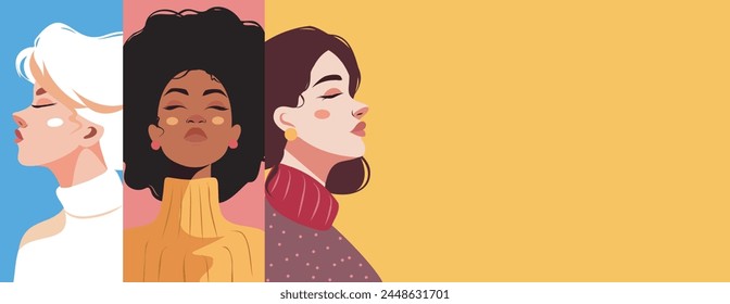 Vector flat bright banner place for text for Women's Day, young women of different nationalities on a yellow background. Vector concept of movement for gender equality and women's empowerment