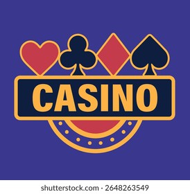 Vector flat bright casino logo, icon with cards, suits. Roulette, poker, jackpot, gambling. Flat design template for casino projects and advertisin