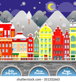 Vector flat bright Happy New Year and Merry Christmas landscape with houses and view of the night city, house, a street in the snow.