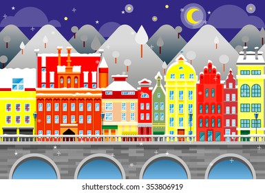 Vector flat bright Happy New Year and Merry Christmas landscape with houses and view of the night city, house, a street in the snow.
