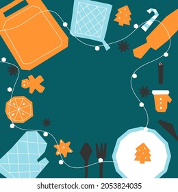 Vector flat bright illustration with copy space in center. Food to cook Christmas dinner. Tasty gingerbread cookies with cinnamon, oranges  and kitchen tools. Banner for Christmas sale. Flat lay style