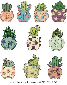 Vector flat bright set for planner, diary, notebook, diary, postcards. Interesting cartoon stickers with plants. 