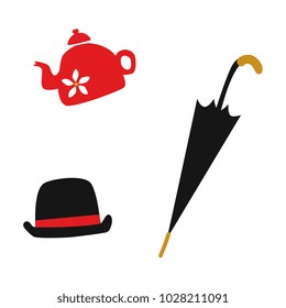 vector flat british gentleman symbols icon set. English tea in ceramit teapot, hat and rain umbrella walking stick. Isolated illustration on a white background.