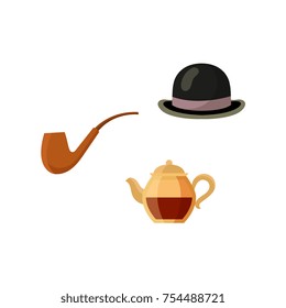 vector flat british gentleman symbols icon set. English tea in ceramit teapot, hat and smoking pipe. Isolated illustration on a white background.